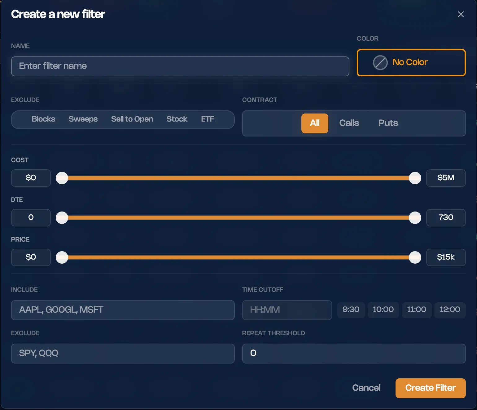 Custom filter builder modal with filter name, contract type selection, cost and DTE range sliders, ticker inclusion/exclusion, and repeat threshold controls